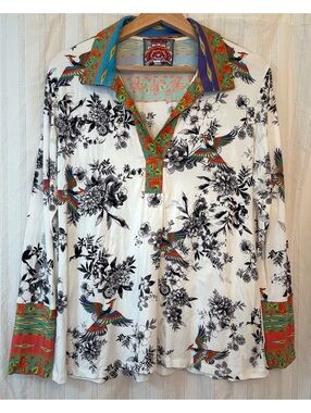 Johnny Was Colorful Bird and Floral Print Button Up Blouse Size S #boho #western